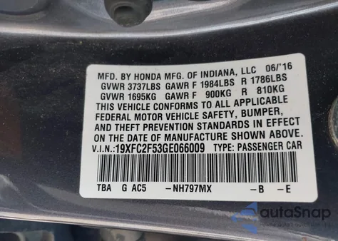 2016 Honda Civic Lx z USA, uszkodzony, nr VIN 19XFC2F53GE066009